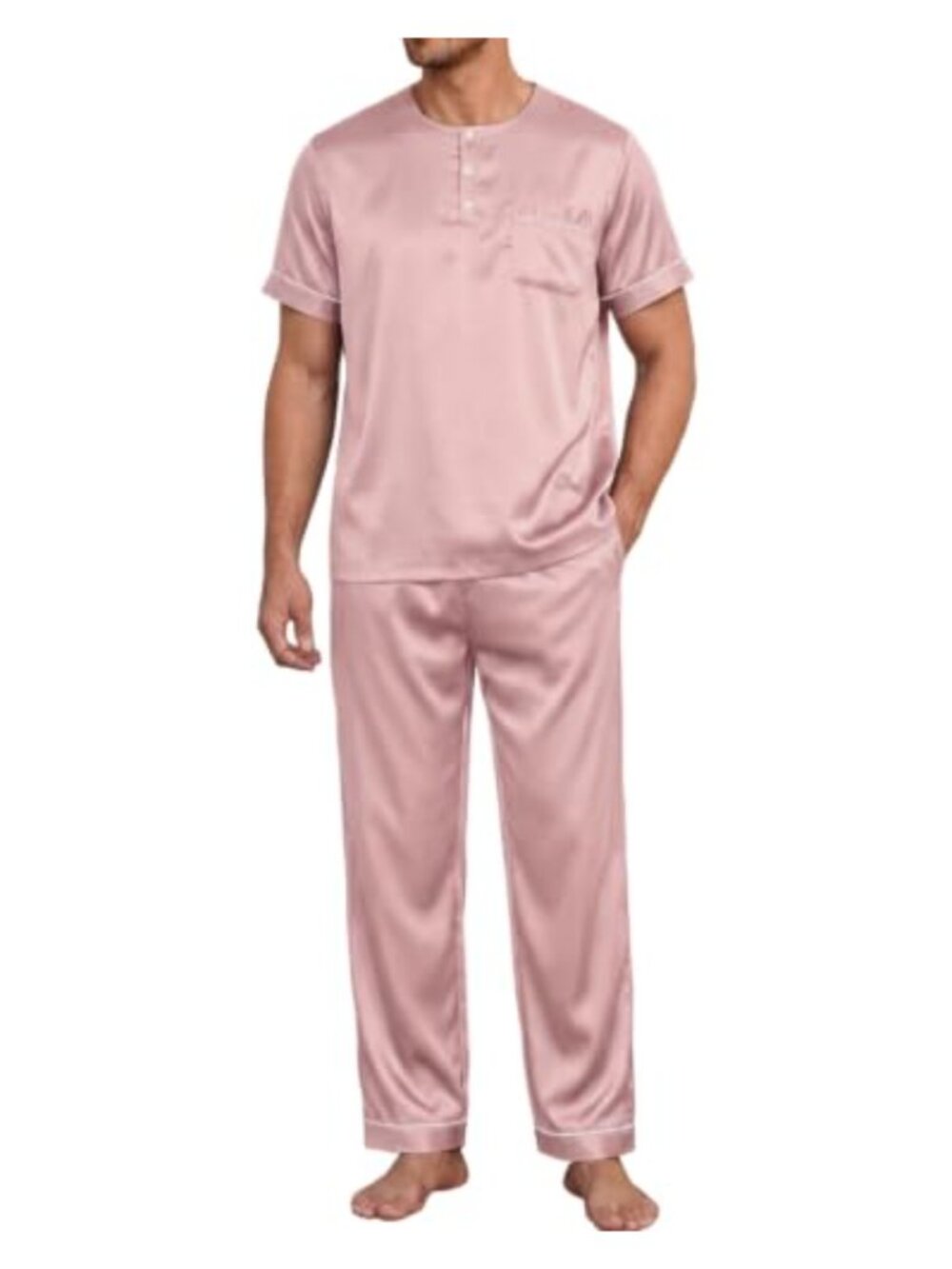 Men's Satin Pajama Set Short Sleeve Button Up Sleepwear with Pants